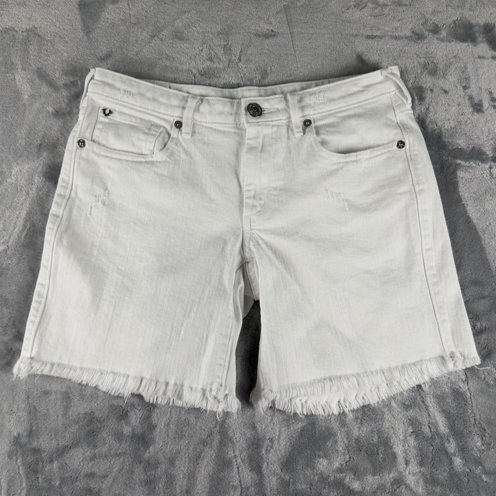 True Religion Womens White Denim Bermuda Shorts Frayed Hem Size 27